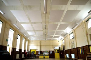 acoustic absorptive panels suspended from ceiling